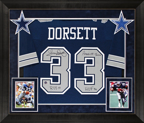 Cowboys Tony Dorsett "3x Insc" Signed Navy Blue M&N Framed Jersey w/ Grey #s BAS