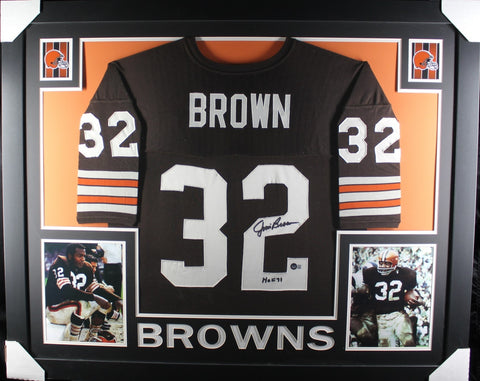Jim Brown Autographed Pro Style Framed Brown Jersey 35x43 Beckett 40121