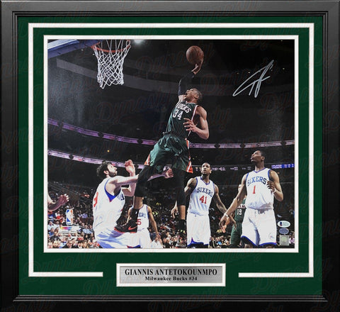 Giannis Antetokounmpo Dunk v. 76ers Bucks Autographed 16x20 Framed Photo Beckett