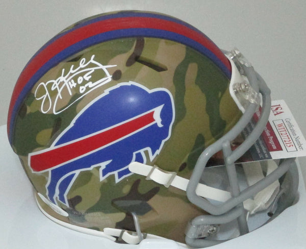 Bills JIM KELLY Signed Riddell CAMO Speed Mini Helmet w/ "HOF '02" AUTO - JSA