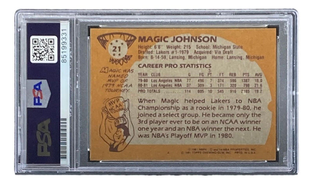 Magic Johnson Signed LA Lakers 1981 Topps #21 Rookie Trading Card PSA ...