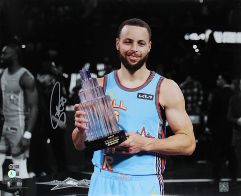 Warriors Stephen Curry Signed 16x20 2025 ASG MVP Trophy Spotlight Photo BAS Wit