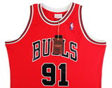 Bulls Dennis Rodman Signed Red Mitchell & Ness HWC Swingman Jersey BAS Witnessed