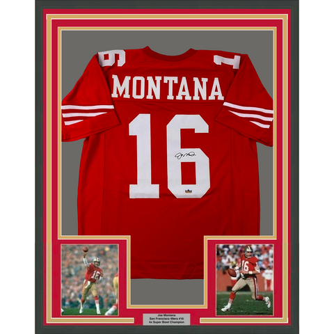 Framed Facsimile Autographed Joe Montana 33x42 49ers Red Reprint Laser Jersey