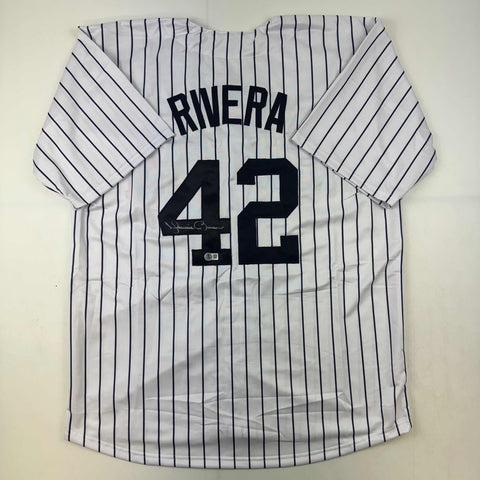 Autographed/Signed Mariano Rivera New York Pinstripe Baseball Jersey BAS Holo