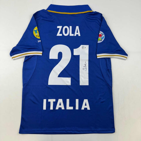 Autographed/Signed Gianfranco Zola Italy Blue Soccer Futbol Jersey BAS COA
