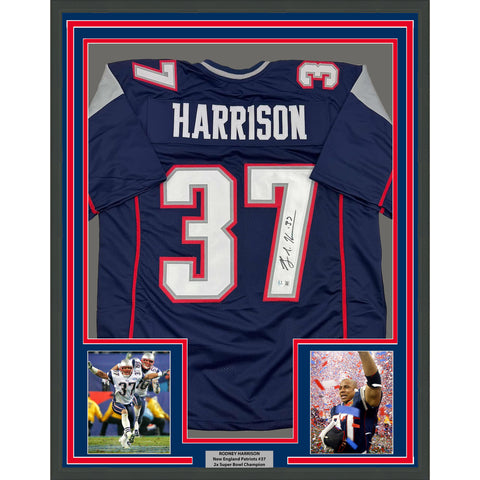 Framed Autographed/Signed Rodney Harrison 35x39 Blue Jersey Beckett BAS COA