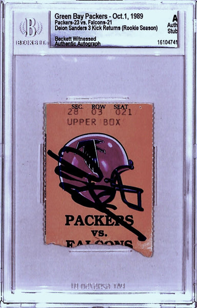 Deions Sanders Signed Atlanta Flacons Ticket Stub 10/01/89 Beckett Slab 40457