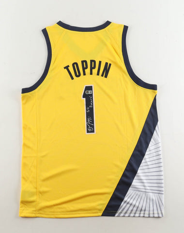 Obi Toppin Signed Indianapolis Pacers Yellow Jersey Inscribed Go Pacers/ Beckett