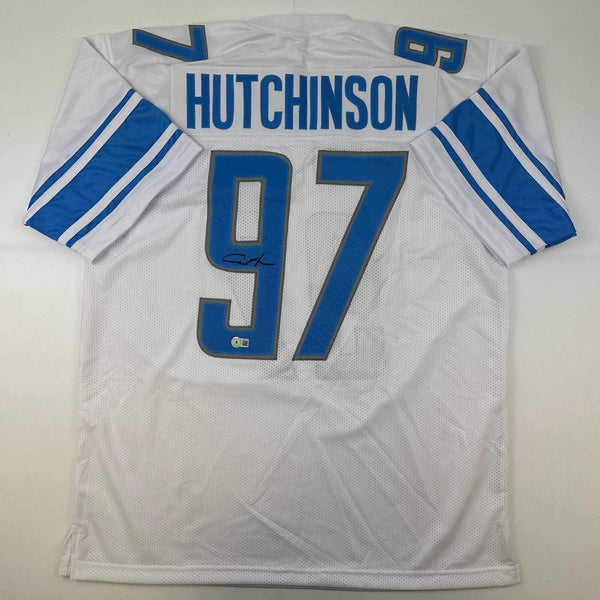 Autographed/Signed Aidan Hutchinson Detroit White Football Jersey Beckett COA