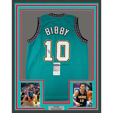 Framed Autographed/Signed Mike Bibby 33x42 Vancouver Teal Retro Jersey JSA COA