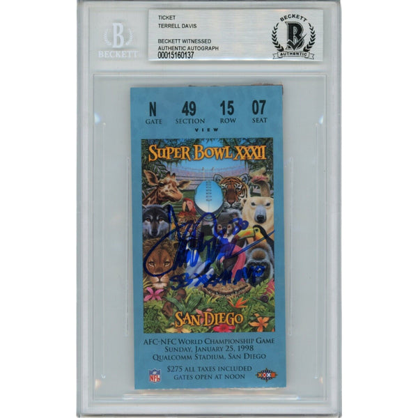 Terrell Davis Autographed Denver Broncos SB XXXII Blue Ticket Beckett 47574