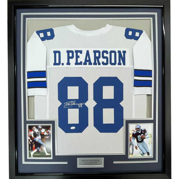 Framed Autographed/Signed Drew Pearson 35x39 Dallas White Jersey JSA COA