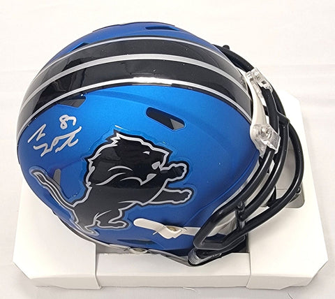 Sam LaPorta Signed Detroit Lions 2024 ALT Blue Mini Helmet Beckett Witnessed