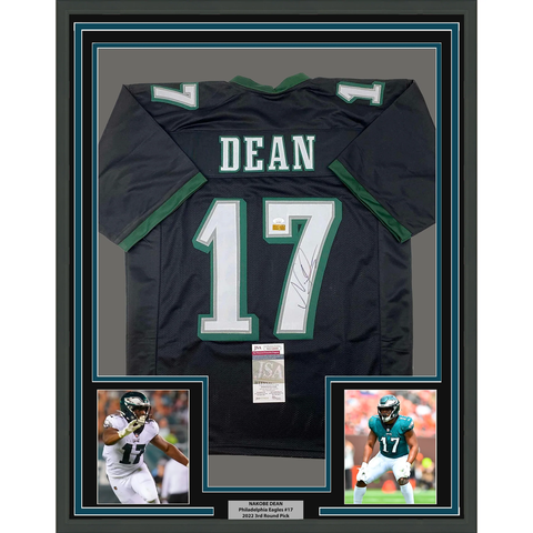 Framed Autographed/Signed Nakobe Dean 33x42 Philadelphia Black Jersey JSA COA