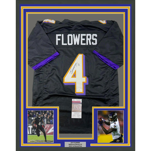 Framed Autographed/Signed Zay Flowers 33x42 Baltimore Black Jersey JSA COA