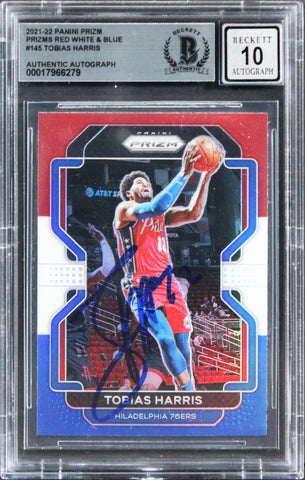 76ers Tobias Harris Signed 2021 Panini Prizm RWB #145 Card Auto 10! BAS Slabbed