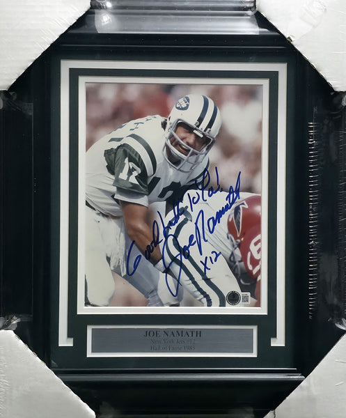 Joe Namath Autographed Framed 8x10 Photo Jets Good Luck To You! x12 Beckett AE31