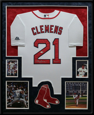 FRAMED SUEDE ROGER CLEMENS AUTOGRAPHED SIGNED BOSTON RED SOX JERSEY JSA COA