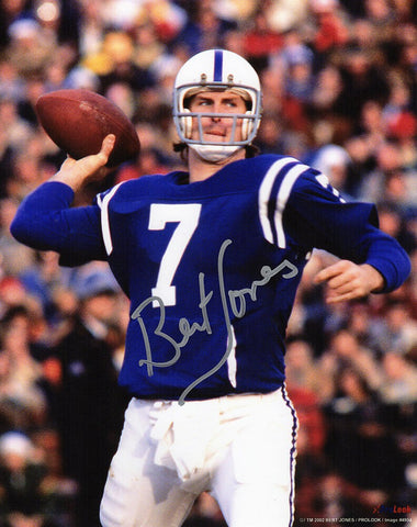 Bert Jones Signed Colts Blue Jersey Passing Action 8x10 Photo - (SCHWARTZ COA)