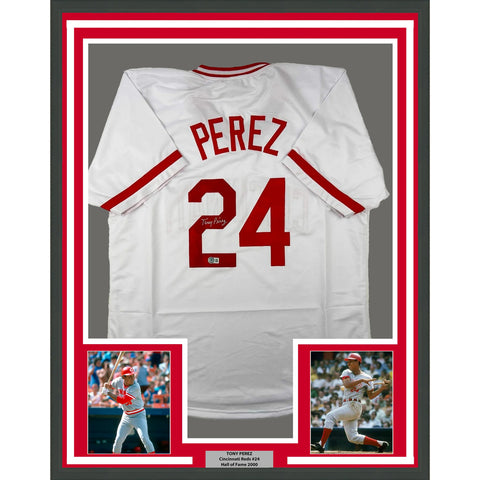 Framed Autographed/Signed Tony Perez 33x42 Cincinnati White Jersey BAS COA