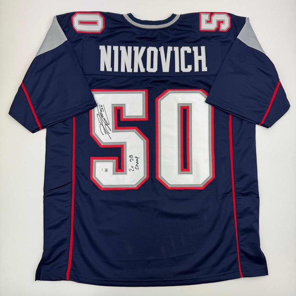 Autographed/Signed Rob Ninkovich "2x SB Champ" Blue Jersey Beckett BAS COA
