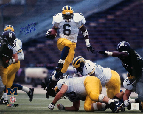 Tyrone Wheatley Signed Michigan White Jersey Action 16x20 Photo - (SCHWARTZ COA)