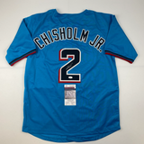 Autographed/Signed Jazz Chisholm Jr. Miami Blue Baseball Jersey JSA COA