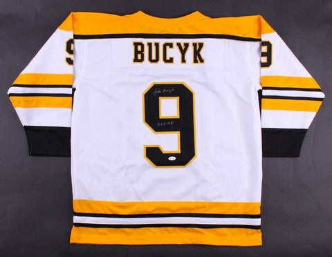 Johnny Bucyk Signed Bruins White Home Jersey Inscribed "H.O.F. 1981" (JSA COA)