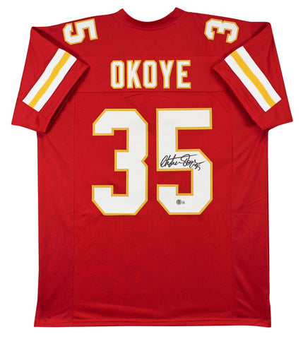 Christian Okoye Authentic Signed Red Pro Style Jersey Autographed BAS Witnessed