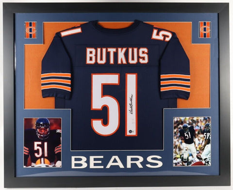 Dick Butkus Signed Bears 35x43 Framed Jersey (Beckett) 8xPro Bowl / 1965-1972 LB