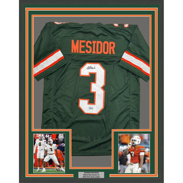 Framed Autographed/Signed Akheem Mesidor 35x39 Miami Green Jersey BAS COA