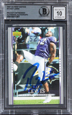 Ravens Ray Lewis Signed 2007 UD First Edition #10 Card Auto Mint 10! BAS Slabbed
