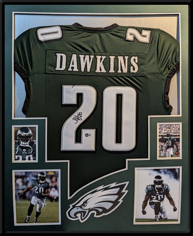 FRAMED PHILADELPHIA EAGLES BRIAN DAWKINS AUTOGRAPHED SIGNED JERSEY BECKETT HOLO