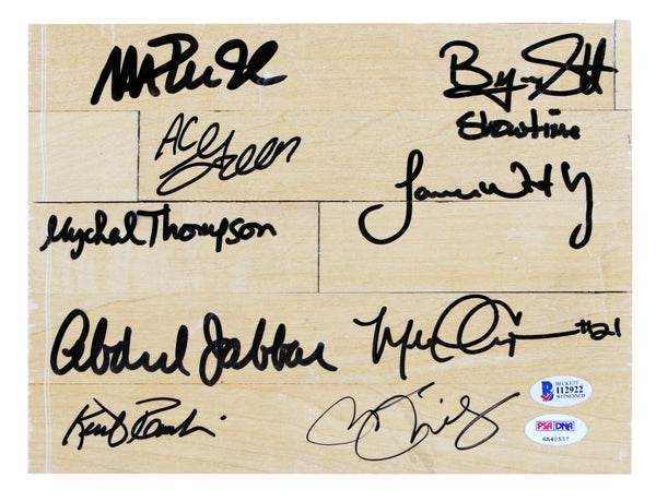 Showtime Lakers (9) Magic, Kareem +7 Signed 8x10 Forum Floorboard PSA & BAS 2