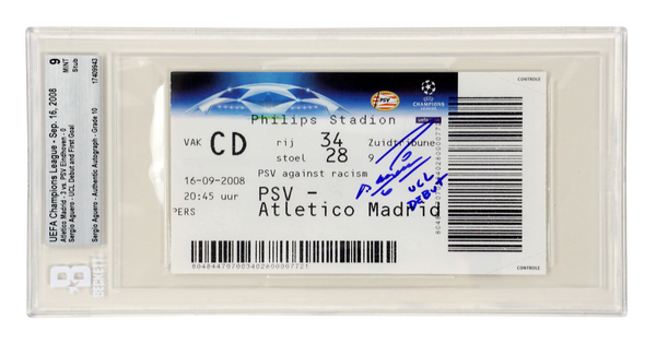 Sergio Aguero Signed 2008 UCL Debut & First Goal Match Ticket Inscribed - BGS 9