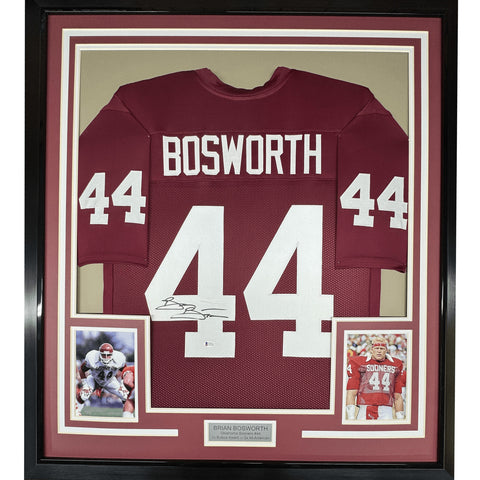 Framed Autographed/Signed Brian Bosworth 35x39 Oklahoma Red Jersey JSA COA