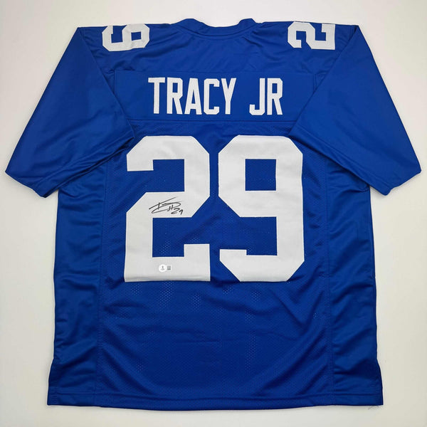 Autographed/Signed Tyrone Tracy Jr. New York Blue Football Jersey Beckett COA