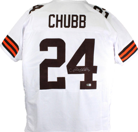 Nick Chubb Autographed White Pro Style Jersey- Beckett W Hologram *Silver