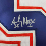 Framed Autographed/Signed Andy Moog 35x39 Edmonton White Hockey Jersey JSA COA
