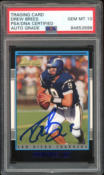 2001 Bowman #164 Drew Brees RC Rookie Saints On Card PSA/DNA Auto GEM MINT 10