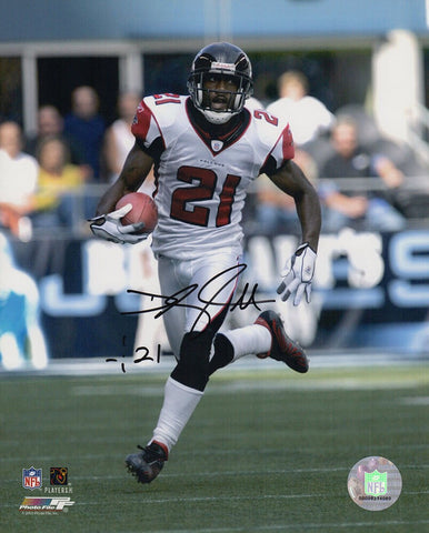 DeAngelo Hall Signed Falcons White Jersey With Football 8x10 Photo - (SS COA)