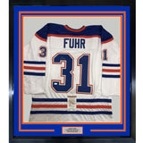 FRAMED Autographed/Signed GRANT FUHR 35x39 Edmonton White Jersey JSA COA