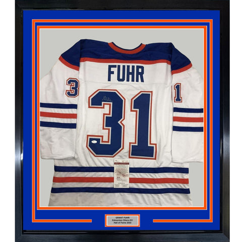 FRAMED Autographed/Signed GRANT FUHR 35x39 Edmonton White Jersey JSA COA