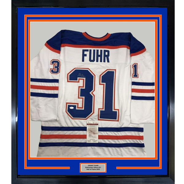 FRAMED Autographed/Signed GRANT FUHR 35x39 Edmonton White Jersey JSA COA