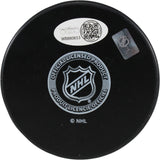 Mike Foligno Autographed Detroit Red Wings Logo Puck Foligno Leap JSA 53966