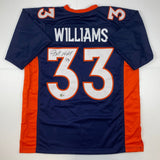 Autographed/Signed Javonte Williams Denver Blue Football Jersey Beckett BAS COA