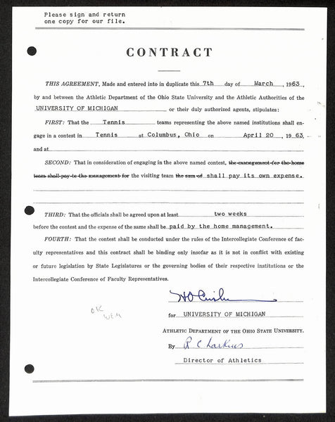 Fritz Crisler HOF Michigan Head Coach Signed/Auto Contract PSA BA199000
