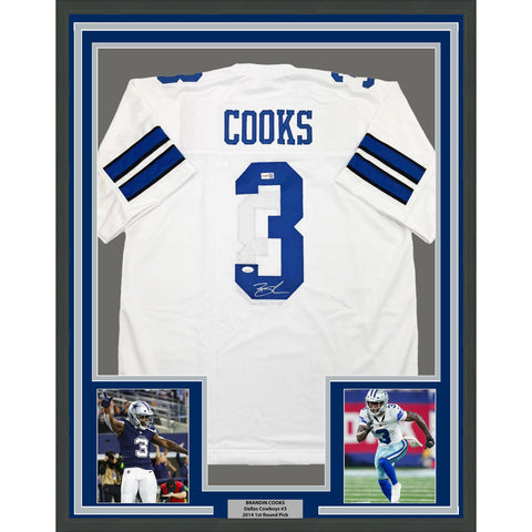 Framed Autographed/Signed Brandin Cooks 35x39 Dallas White Jersey JSA COA