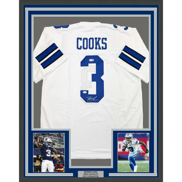 Framed Autographed/Signed Brandin Cooks 35x39 Dallas White Jersey JSA COA